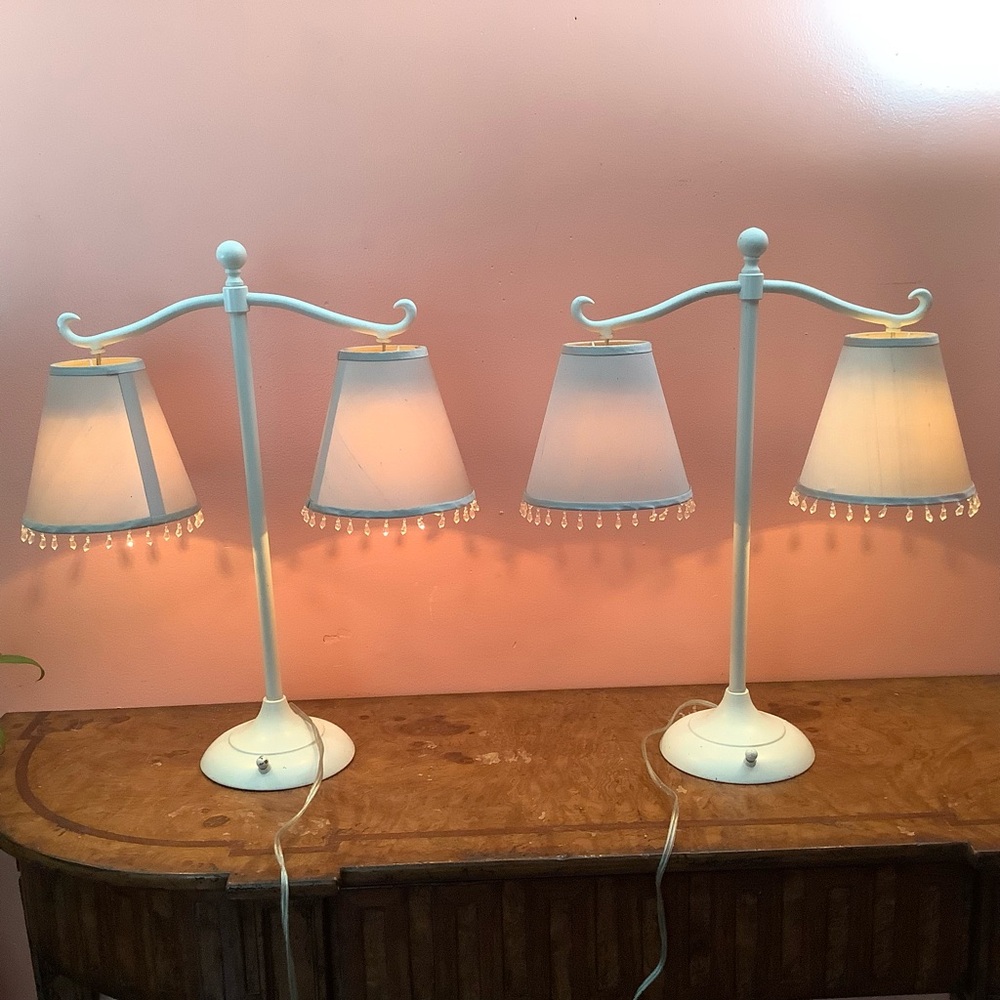 Pair Of Two Iron Table Lamp With Beaded Shades 22” Three Way Light. 2001  -Read